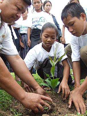 Laotian children help their teacher plant new trees.