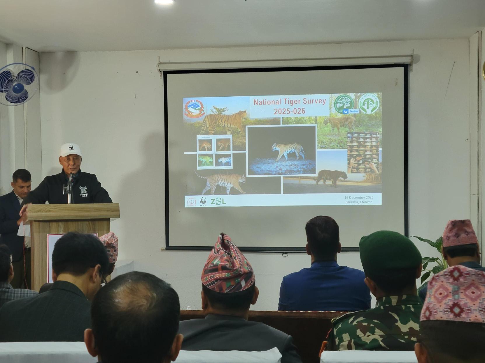 Dr. Ghana Shyam Gurung, Country Representative of WWF Nepal giving his address at the inauguration of the 5th National Tiger Count.